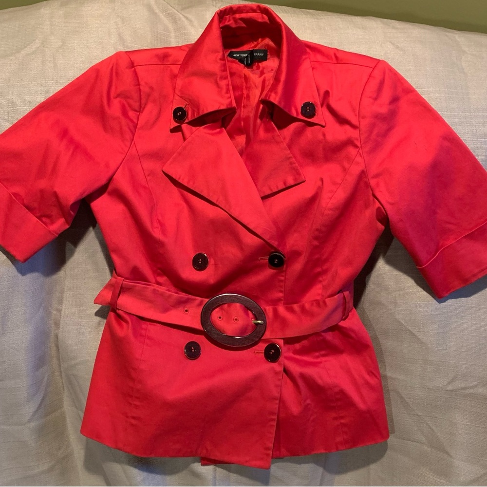 New York & Company stretch mini Spring Trench coat jacket blazer sz 10 Red